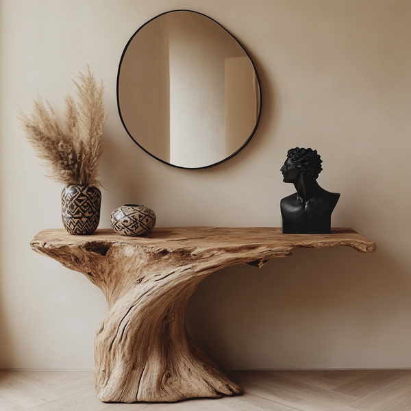 Rustic Organic Console Table | Solid Sculptural Wood with Flowing Base