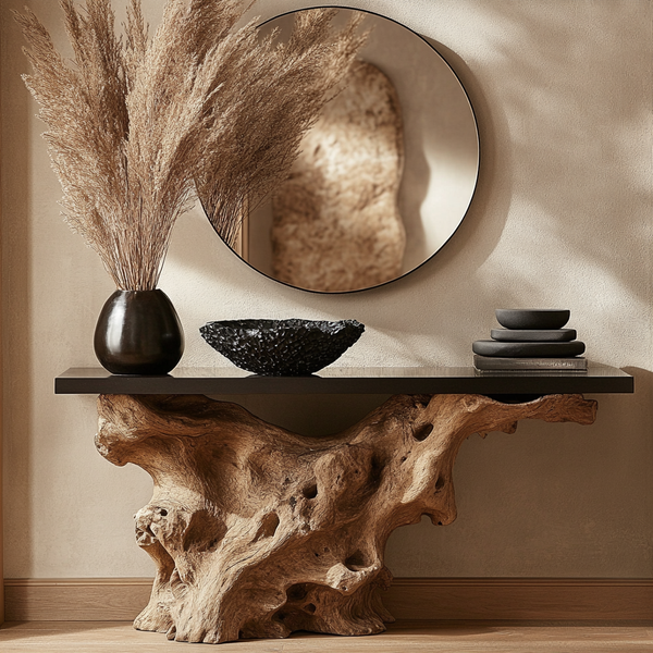 Sculptural Wood Root Console Table with Black Top | Organic Statement Piece