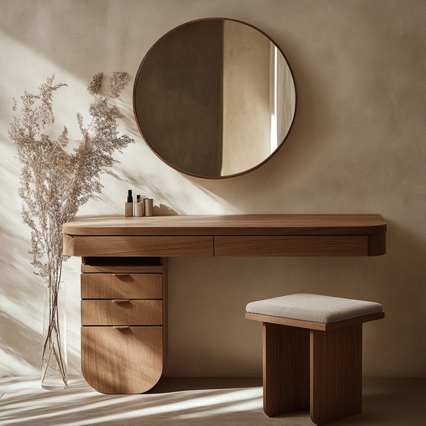 Sculptural Minimalist Wooden Makeup Dressing Table | Japandi Vanity with Drawers