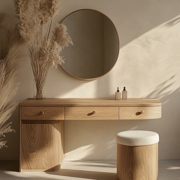Sculptural Minimalist Wooden Makeup Dressing Table | Japandi Vanity with Round Stool