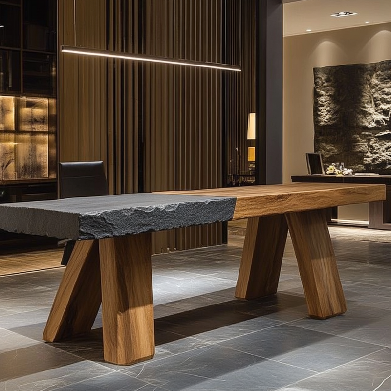 Raw Slate & Teak Executive Office Table | Sculptural Stone & Wood Desk