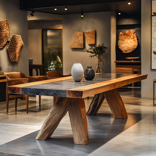 Slate & Teak Executive Office Table | Solid Wood &amp; Stone Statement Desk