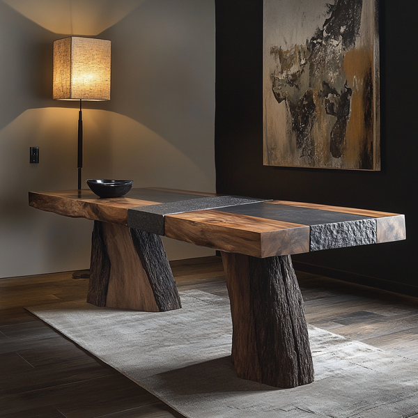 Slate-Accented Live-Edge Teak Office Table | Organic Executive Desk