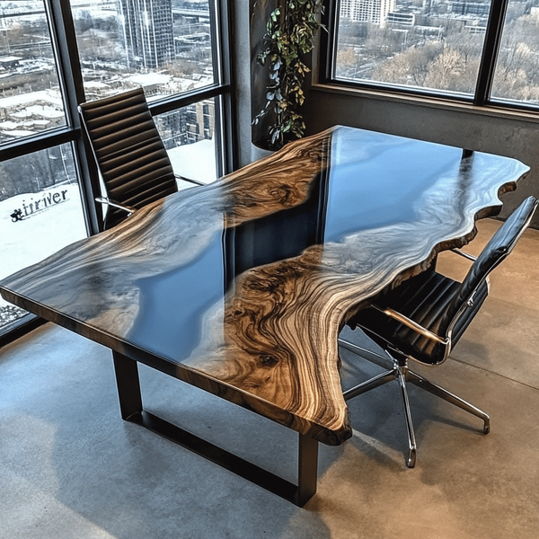 Ultra Gloss Black Epoxy & Live-Edge Walnut Executive Office Table