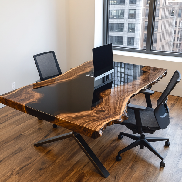 Live-Edge Walnut & Black Resin Executive Office Table | Modern Power Desk