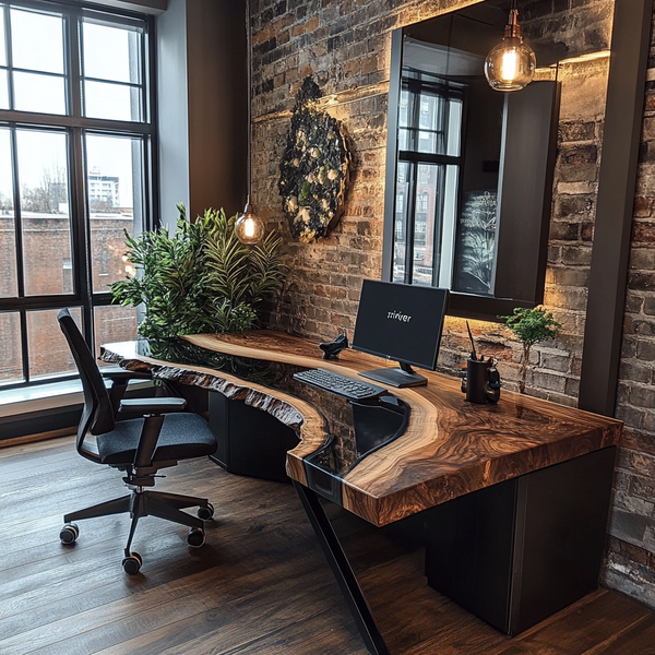 Curved Live-Edge Walnut & Black Resin Office Desk | Executive Power Desk