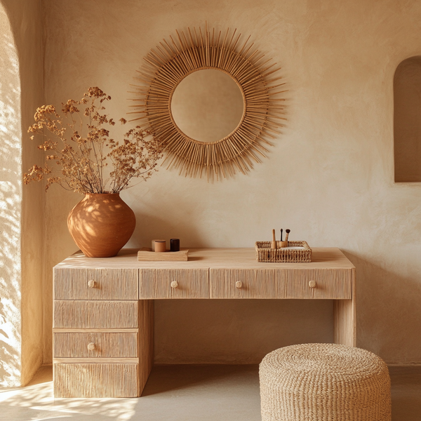 Sun-Kissed Reclaimed Pine Makeup Table with Woven Accents