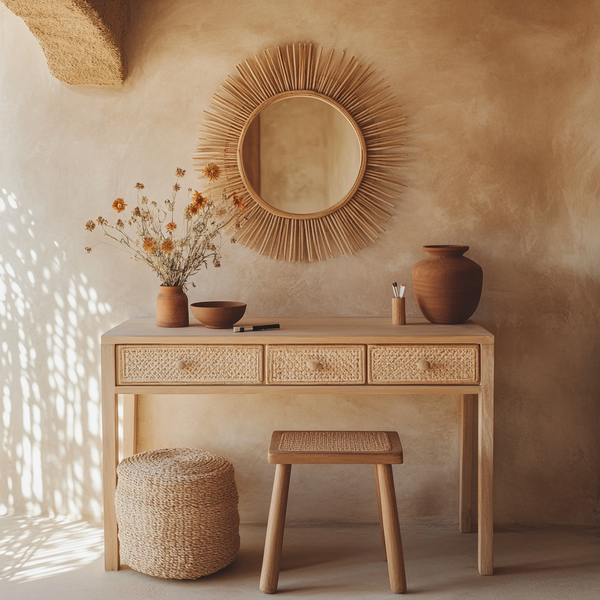 Sun-Kissed Reclaimed Pine Makeup Table with Woven Front Drawers