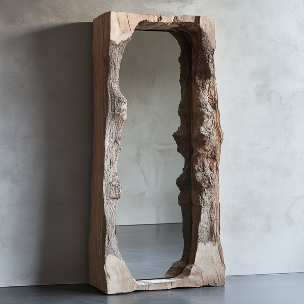 Raw Edge Tree Trunk Standing Mirror — Sculptural Full-Length Mirror Framed in Natural Bark Wood