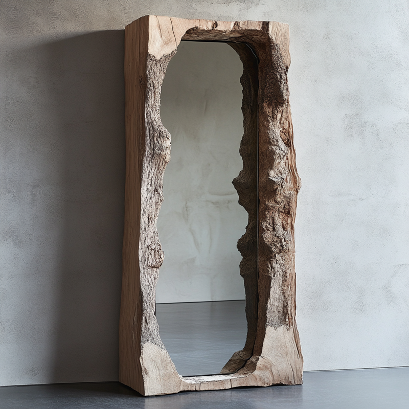 Raw Edge Tree Trunk Standing Mirror — Sculptural Full-Length Mirror Framed in Natural Bark Wood