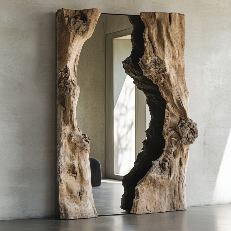 Cathedral Root Mirror — Monumental Standing Mirror with Carved Tree Trunk Frame