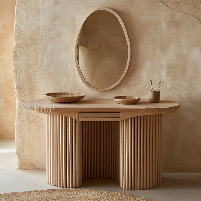Lunaria Ribbed Vanity — Oval Dressing Table with Fluted Columns & Organic Mirror