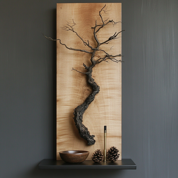Wabi-Sabi Wall Tree Sculpture — Driftwood Branch on Curly Maple Backdrop