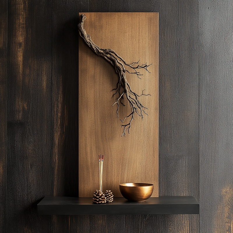 Fallen Whisper Wall Sculpture — Gnarled Branch on Warm Walnut Panel
