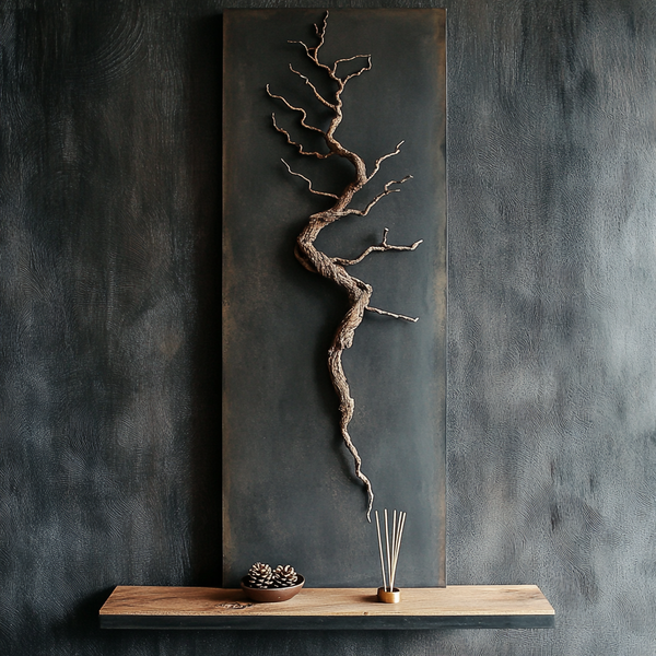 Windswept Wall Sculpture — Organic Tree Branch on Charred Wood Panel