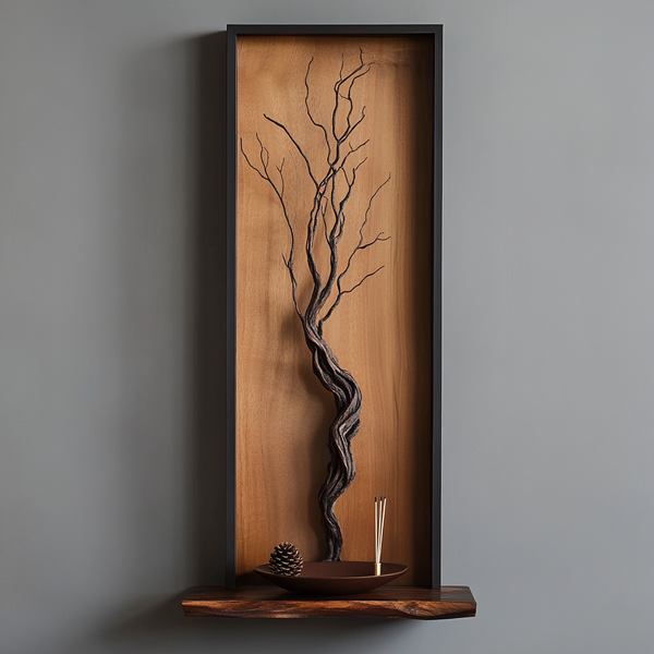 Serenity Tree Wall Panel — Sculptural Driftwood Branch on Framed Wood Backdrop