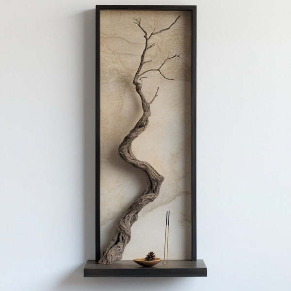 Zenbend Driftwood Wall Panel — Curved Tree Sculpture with Minimalist Shelf