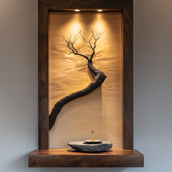 Zenlit Wabi-Sabi Wall Sculpture — Illuminated Curved Driftwood in Walnut Frame