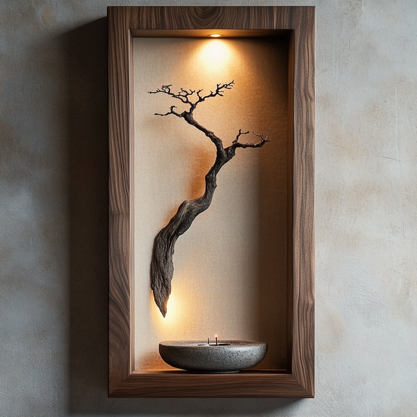 Wabisoul Wall Niche — Illuminated Bonsai Driftwood Sculpture in Walnut Frame