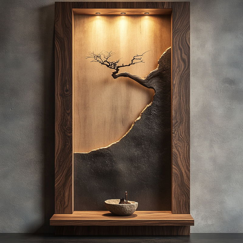 Zencliff Wall Sculpture — Illuminated Bonsai Branch on Carved Cliff Panel