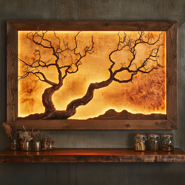 Emberroot — Twin Tree Wall Panel with Backlit Burlwood Silhouette