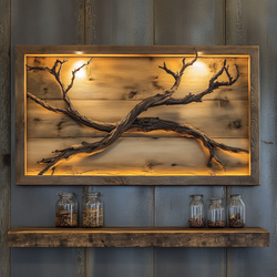 Crossover Stillness — Backlit Driftwood Wall Panel on Natural Plank