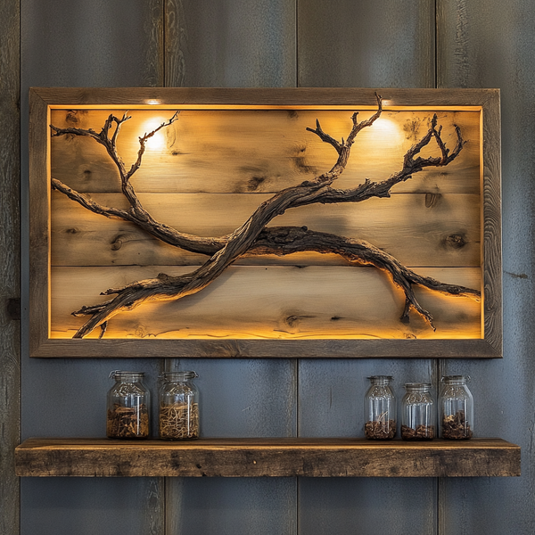 Crossover Stillness — Backlit Driftwood Wall Panel on Natural Plank