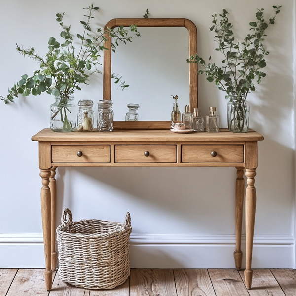 Hearthline Oak Dressing Table — Timeless Vanity with Framed Mirror & Turned Legs