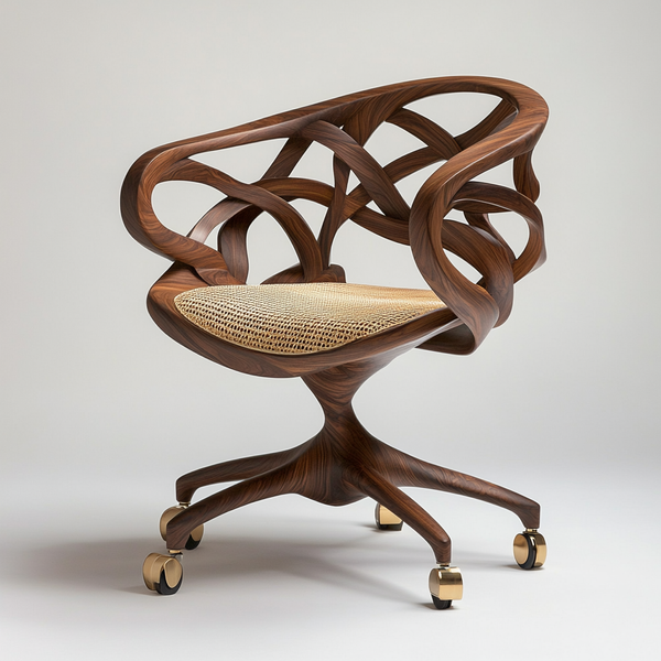 Woven Driftwood Office Chair — Sculptural Walnut Ribbon Backrest with Cane Seat & Brass Casters