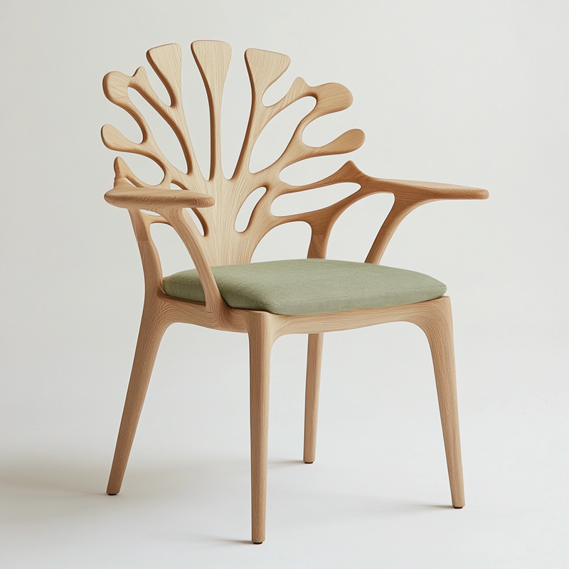 Petalform Office Chair — Carved Ash Armchair with Nature-Inspired Backrest &amp; Sage Green Cushion
