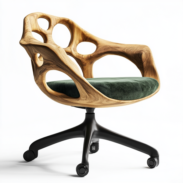 Aetherform Office Chair — Sculpted Wood-Loop Frame with Green Velvet Cushion &amp; Black Swivel Base