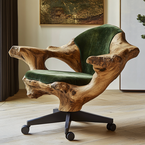 Rootform Office Chair — Sculpted Tree-Burl Frame with Deep Green Velvet and Matte Black Swivel Base